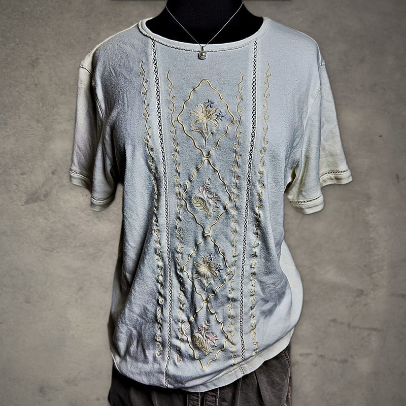 Vintage Alfred Dunner Embroidered Floral Tee Womens M Cream
