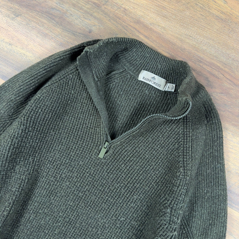 Rainforest Quarter Zip Sweater Mens L Olive Green Ribbed