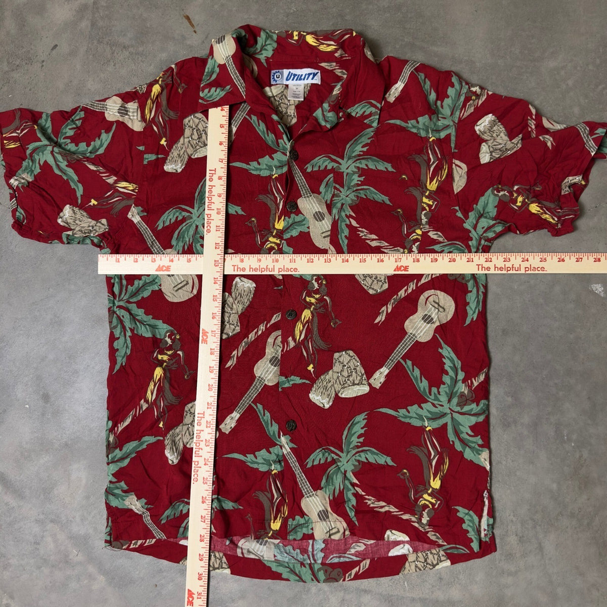 Vintage Utility Hawaiian Shirt Mens Medium Red Tropical Ukulele Drum Aloha Camp