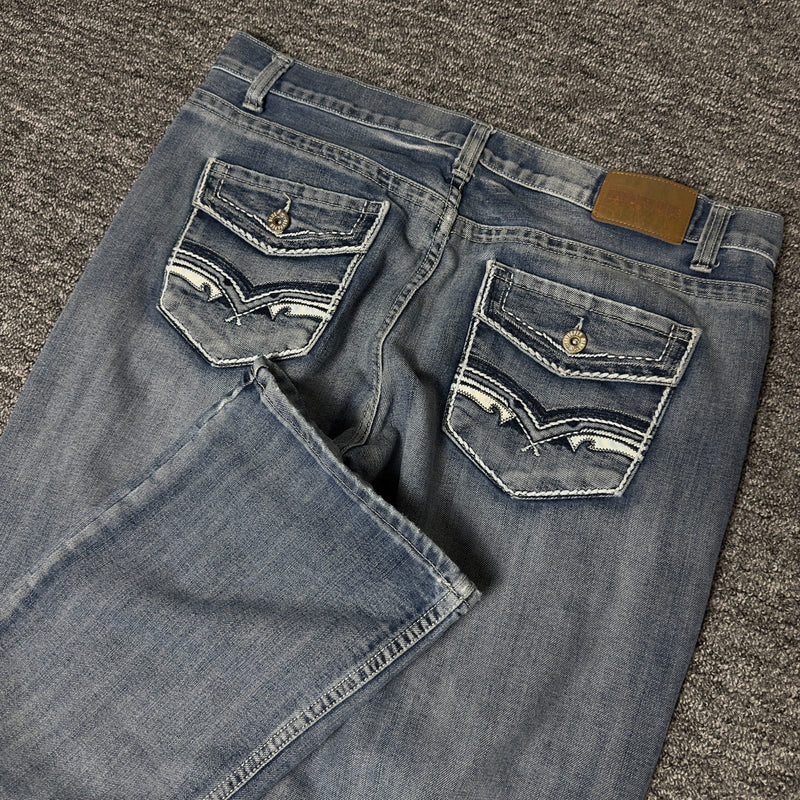 Mens Bootcut Jeans 38x30 Light Wash Western Flap Pocket Y2K