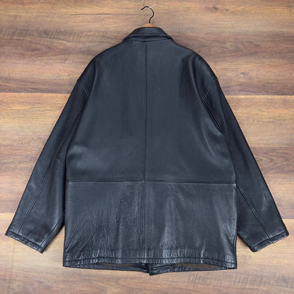 Field Gear Mens Black Leather Barn Coat Jacket Full Zip Button Front Medium