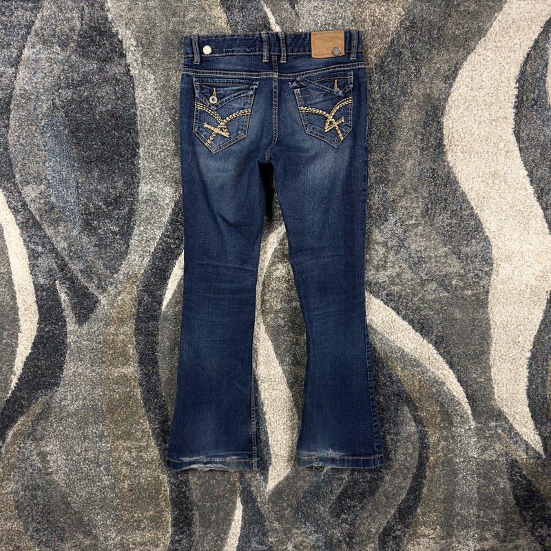 Y2K Amethyst Flare Jeans Womens 28x32 Dark Wash Flap Pocket