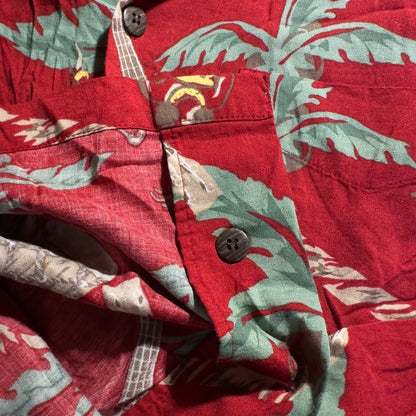 Vintage Utility Hawaiian Shirt Mens Medium Red Tropical Ukulele Drum Aloha Camp