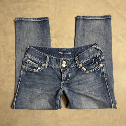 Y2K Maurices Capri Jeans Women 3/4 Medium Wash Embroidered