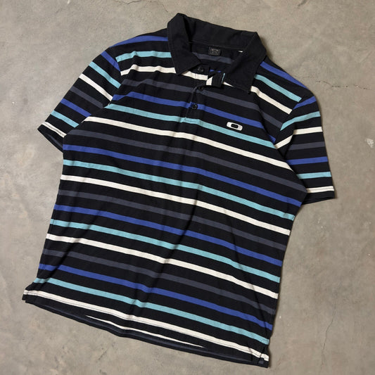 Vintage Oakley Polo Shirt Mens XL Black Blue Striped Gorpcore Y2K Streetwear