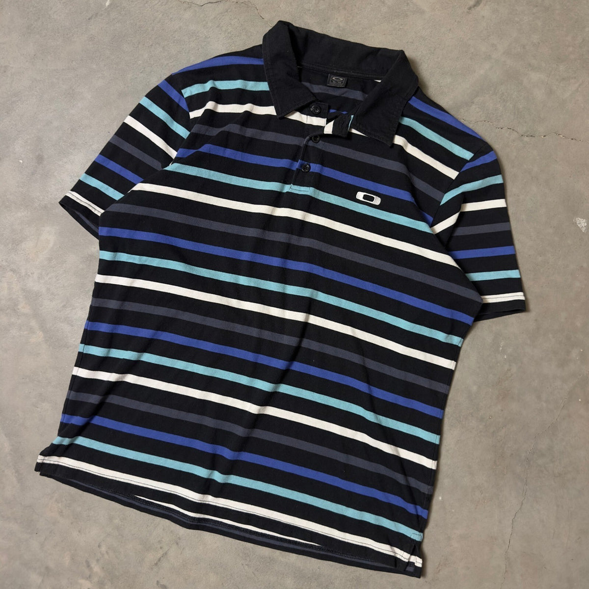 Vintage Oakley Polo Shirt Mens XL Black Blue Striped Y2K