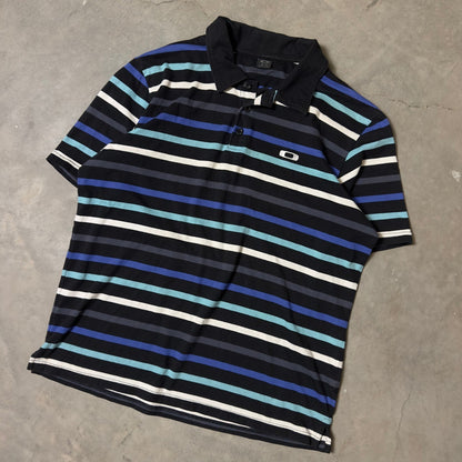 Vintage Oakley Polo Shirt Mens XL Black Blue Striped Y2K