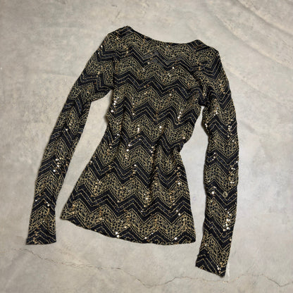 BKE Boutique Chevron Lace Sequin Top Womens XS Black Gold