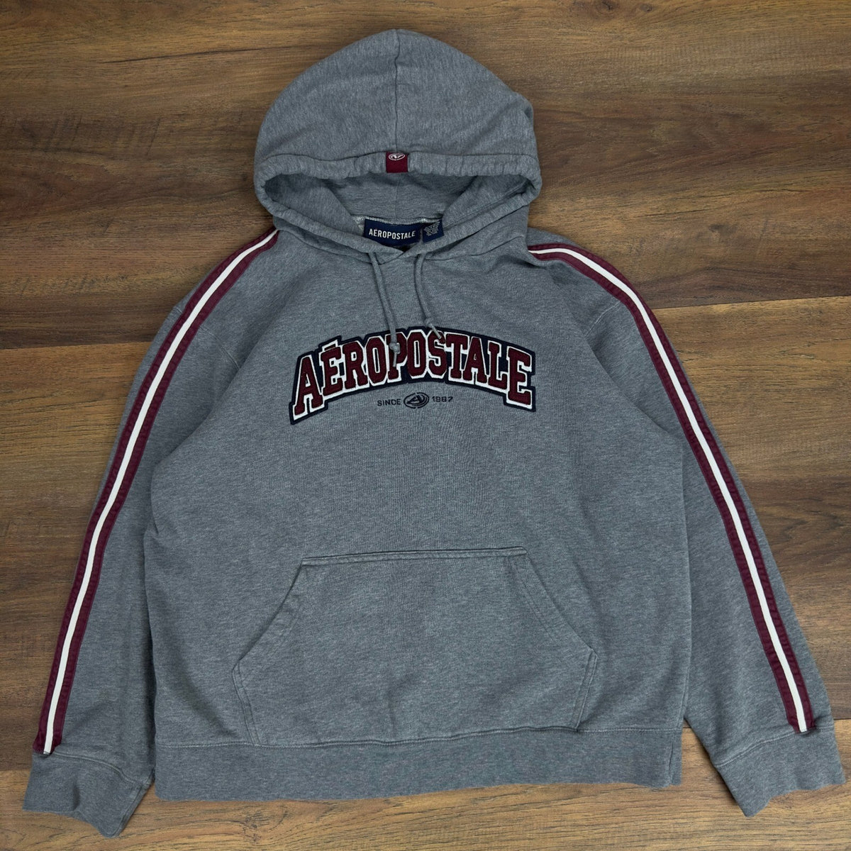 Vintage Aeropostale Mens Heather Gray Collegiate Graphic Hoodie Racing Stripe XL