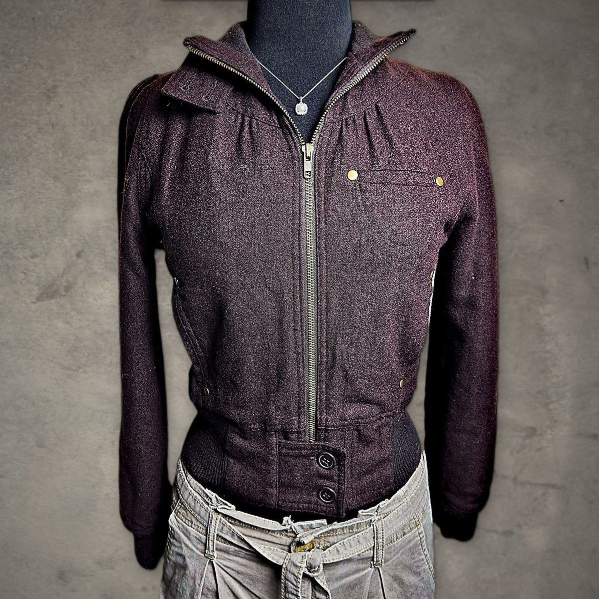 Y2K Forever Wool Blend Bomber Jacket Womens S Brown Cropped