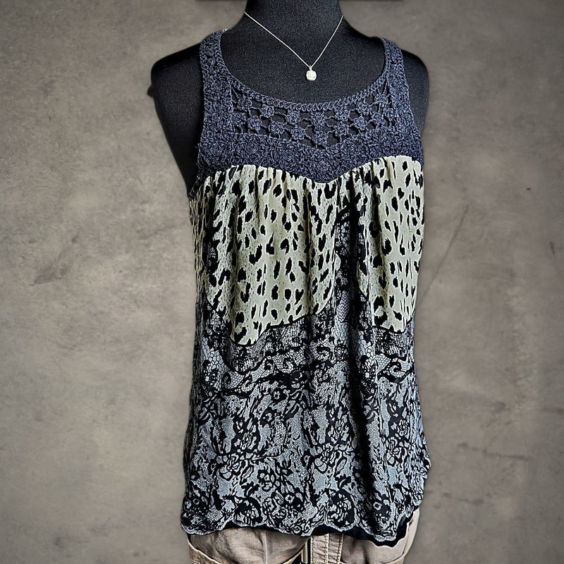 Vanity Leopard Lace Print Tank Top Womens L Crochet Boho