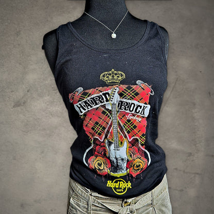Hard Rock Cafe Sydney Tank Top Womens Black Graphic Tartan