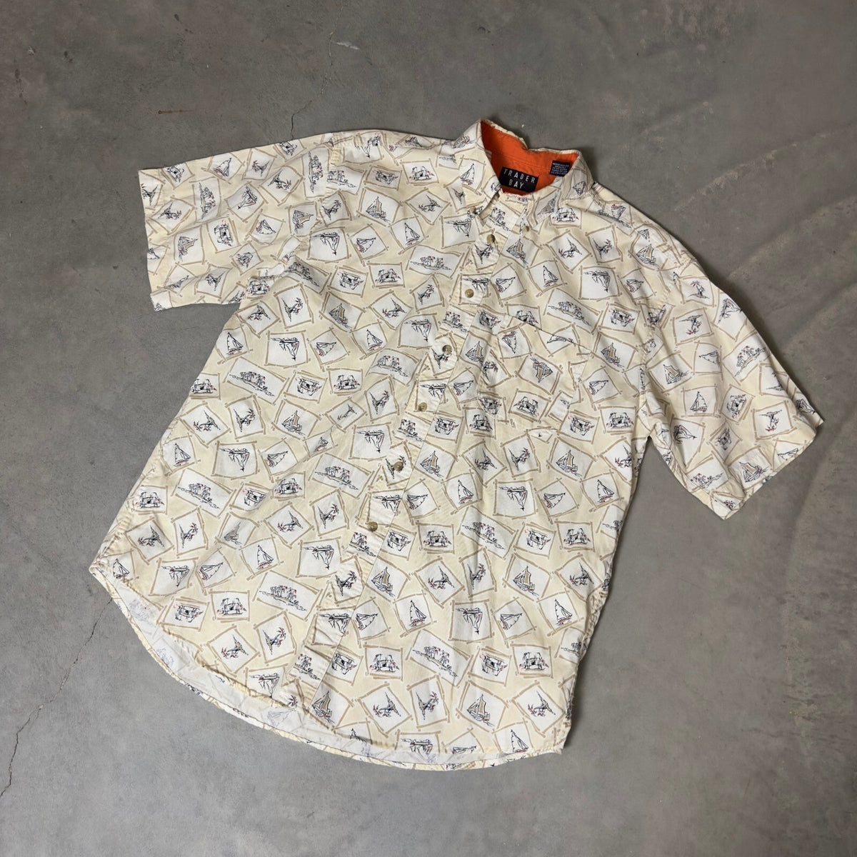Vintage Trader Bay Sailboat Button Down Mens L Cream Coastal