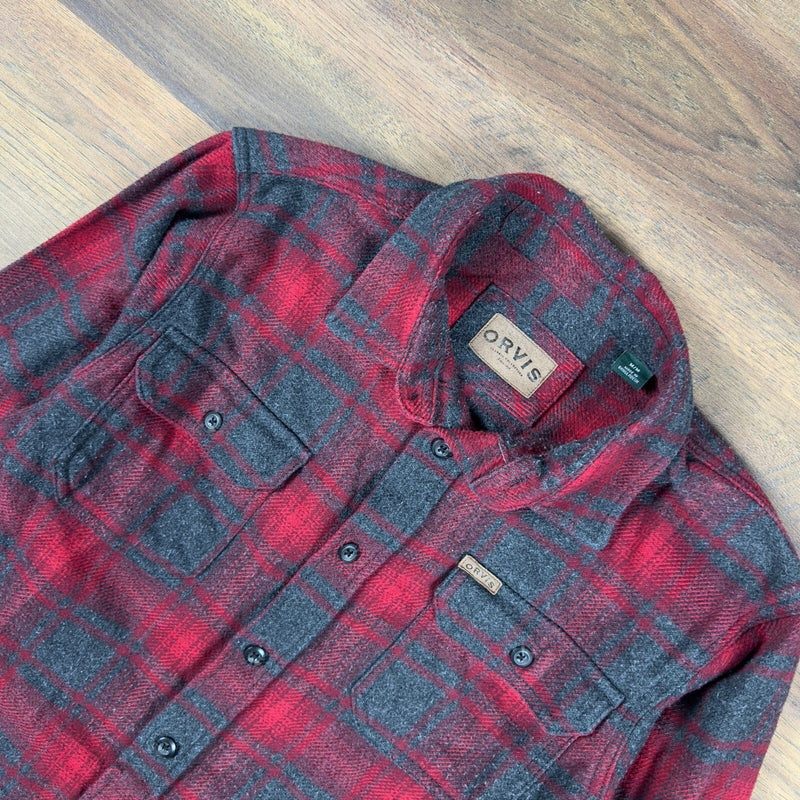 Orvis Red Gray Plaid Flannel Button Down Shirt Mens M Cabin