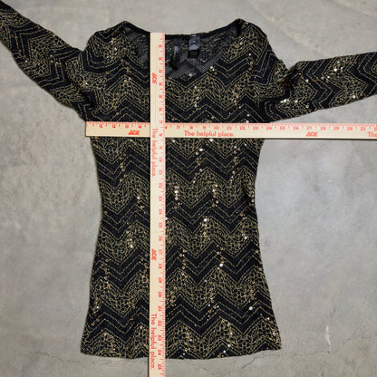 BKE Boutique Chevron Lace Sequin Top Womens XS Black Gold