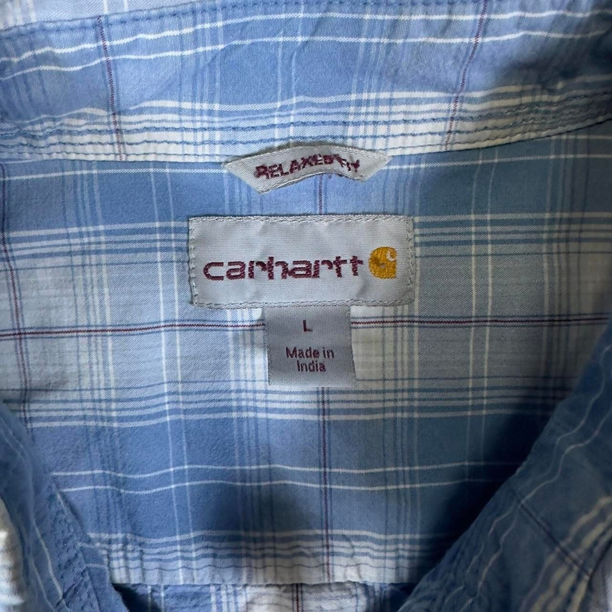 Vintage Carhartt Men's Blue Plaid Button-Up Shirt Large Y2K