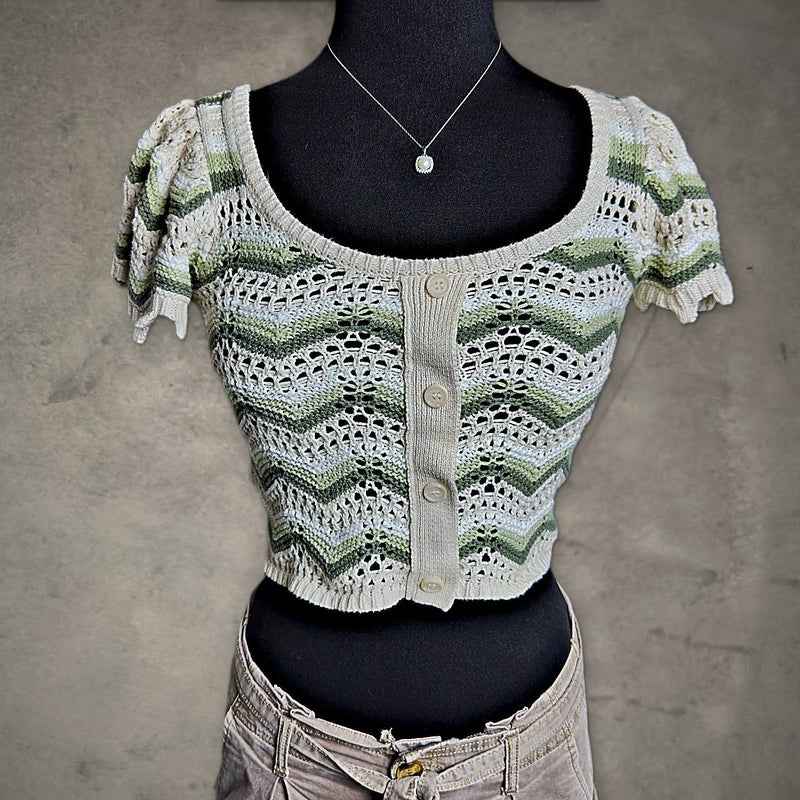 Blu Pepper Crochet Knit Crop Top Womens S Cream Green Boho