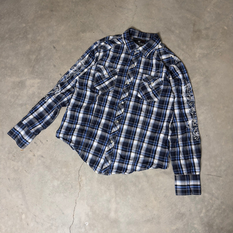 Y2K Pop Icon Clothing Buckle Button Down Shirt Mens L Blue