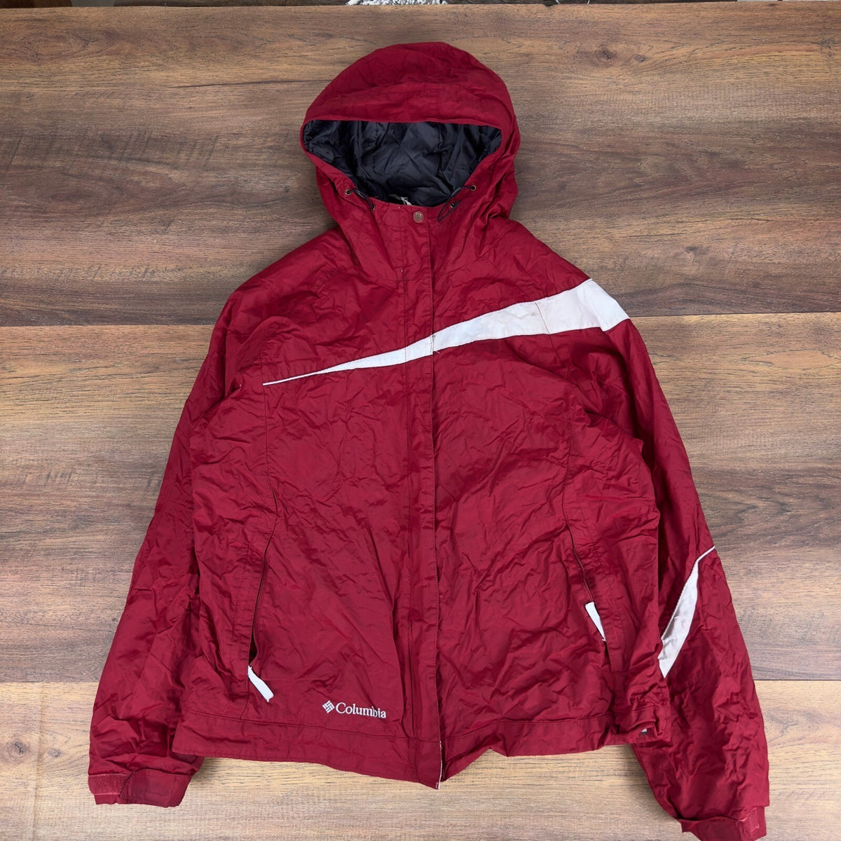 Columbia Womens XL Red White Hooded Windbreaker Jacket Vintage Y2K Full Zip