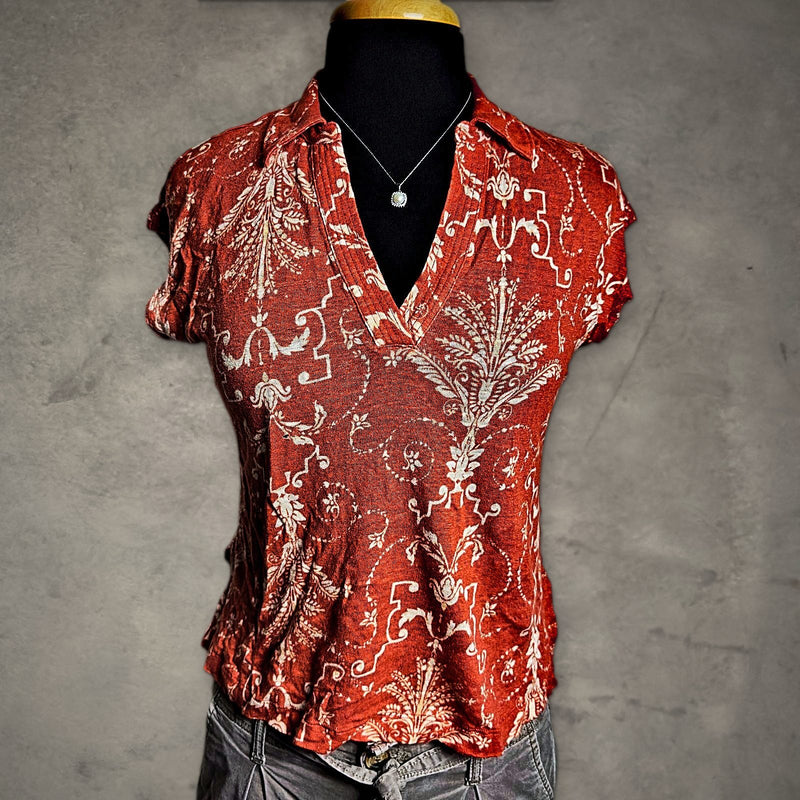Tahari Linen Polo Top Womens S Rust Orange Damask Boho