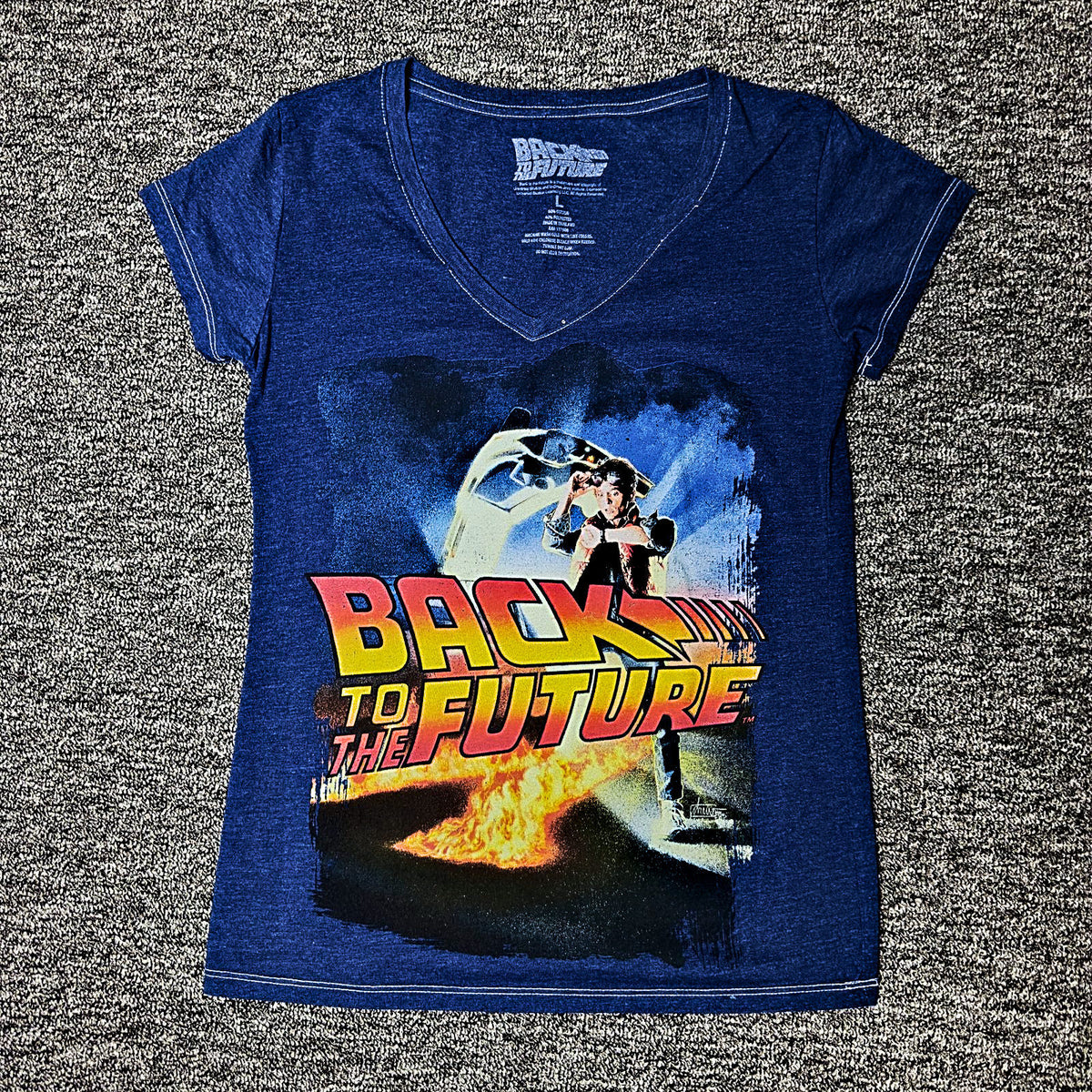 Back to the Future Tee Womens L Blue V-Neck Graphic