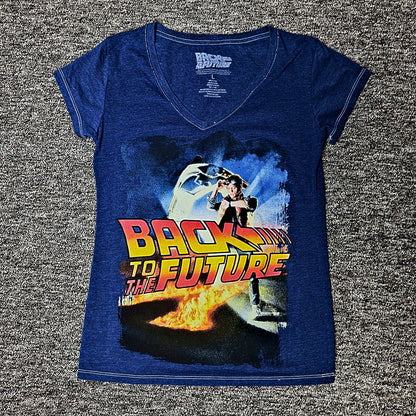 Back to the Future Tee Womens L Blue V-Neck Graphic