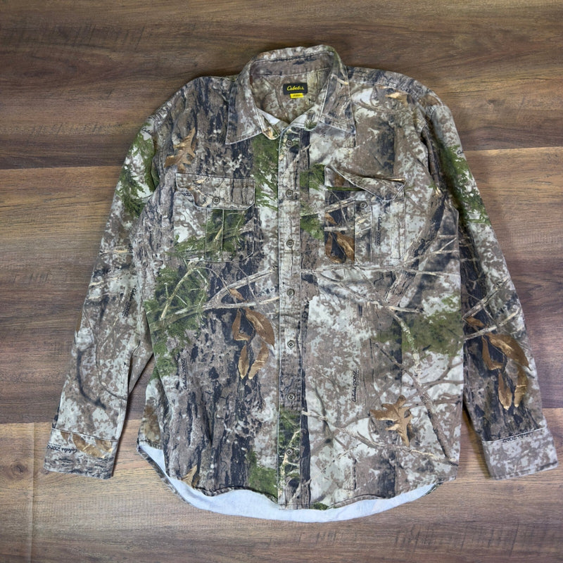 Cabelas Zonz Woodlands Camo Button Up Shirt Mens Tall Green