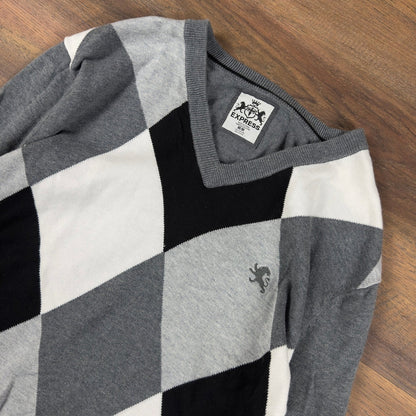 Y2K Express Argyle V-Neck Sweater Mens M Grey Black White