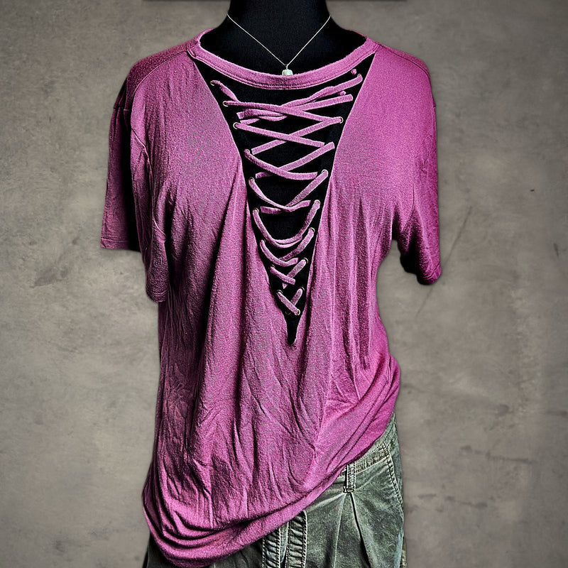 Express Lace Up Plunge Tee Womens M Mauve Pink Casual