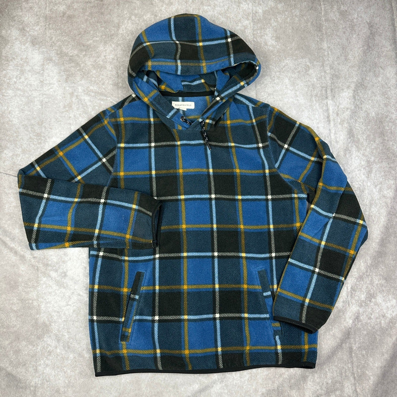 Aeropostale Plaid Fleece Hoodie Mens M Blue Black Pullover