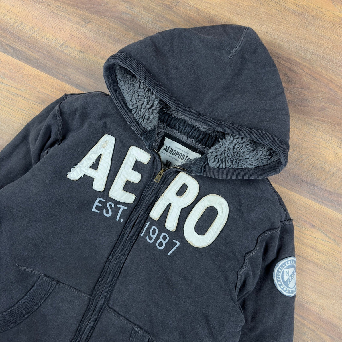 Aeropostale Vintage Y2K Sherpa Hood Full Zip Hoodie Faded Black XL 1987 Logo