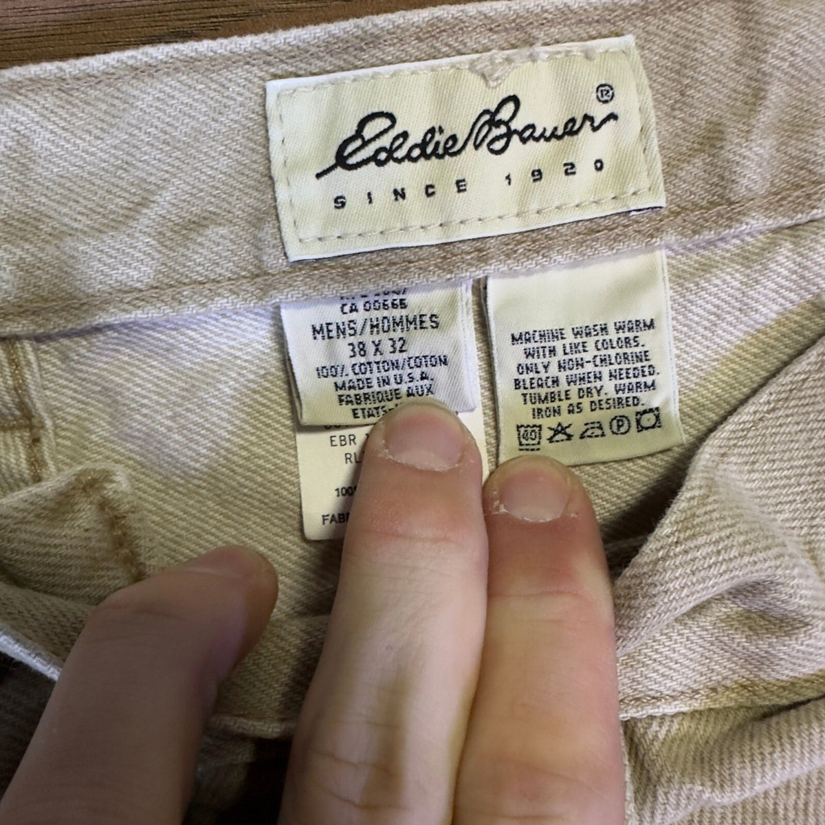 Vintage Eddie Bauer Mens Tan Khaki Denim Jeans Made in USA 38x32 Straight Leg