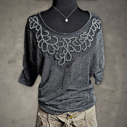 Daytrip Metallic Beaded Dolman Knit Top Womens S Black