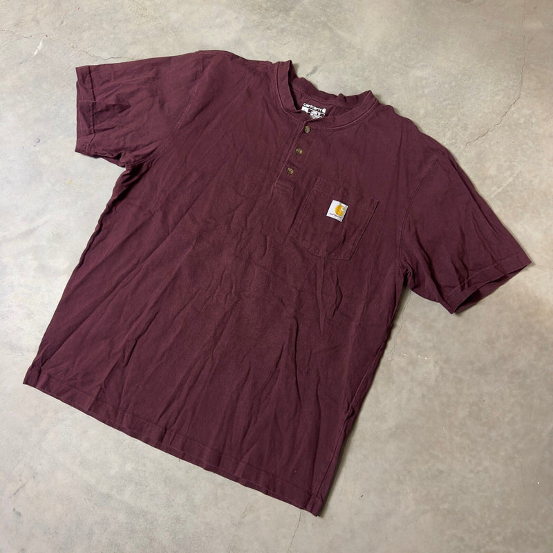 Carhartt Henley Pocket T Shirt Mens L Maroon Loose Workwear