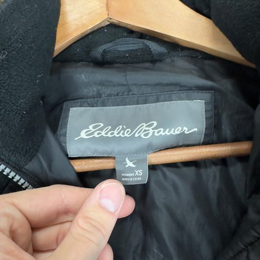 Eddie Bauer Sun Valley Down Parka Black Faux Fur Hood Women XS Long Puffer Coat