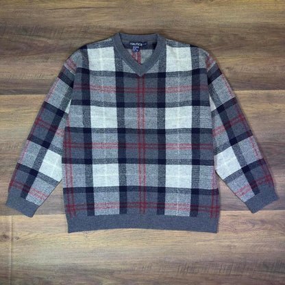 Nautica Plaid V-Neck Wool Sweater Men's Large Knit Pullover