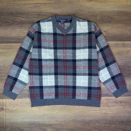 Nautica Plaid V-Neck Wool Sweater Men's Large Knit Pullover