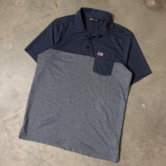 TravisMathew Polo Shirt Mens Medium Blue Colorblock Golf Performance Casual