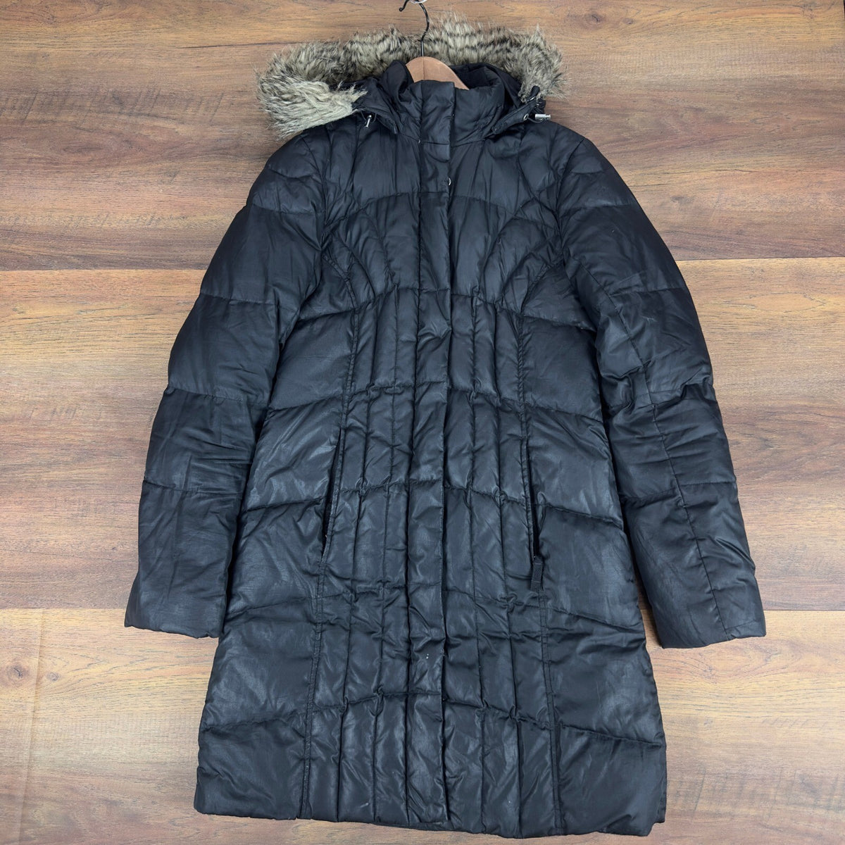 Eddie Bauer Sun Valley Down Parka Black Faux Fur Hood Women XS Long Puffer Coat