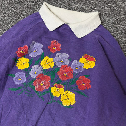 Morning Sun Pansy Floral Collared Sweatshirt Purple L Boho