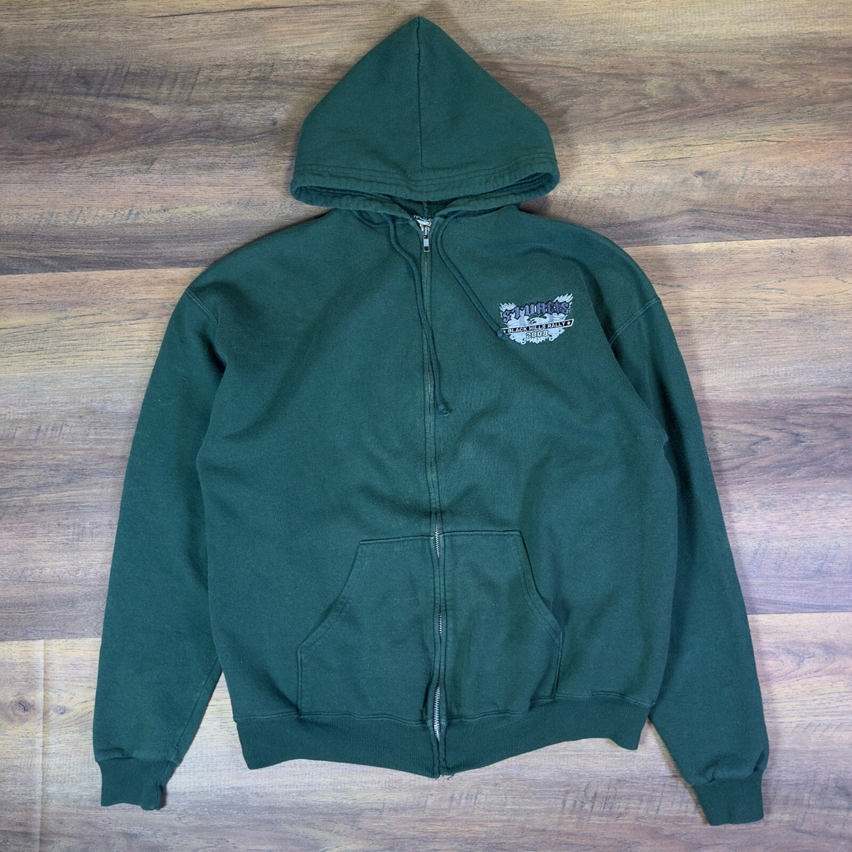 Y2K Jerzees Sturgis Rally 2008 Full Zip Hoodie Green Biker