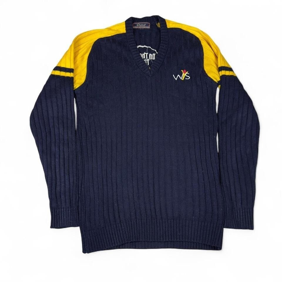 Vintage OsGo By Sunflower Ribbed V-Neck Sweater Navy Yellow