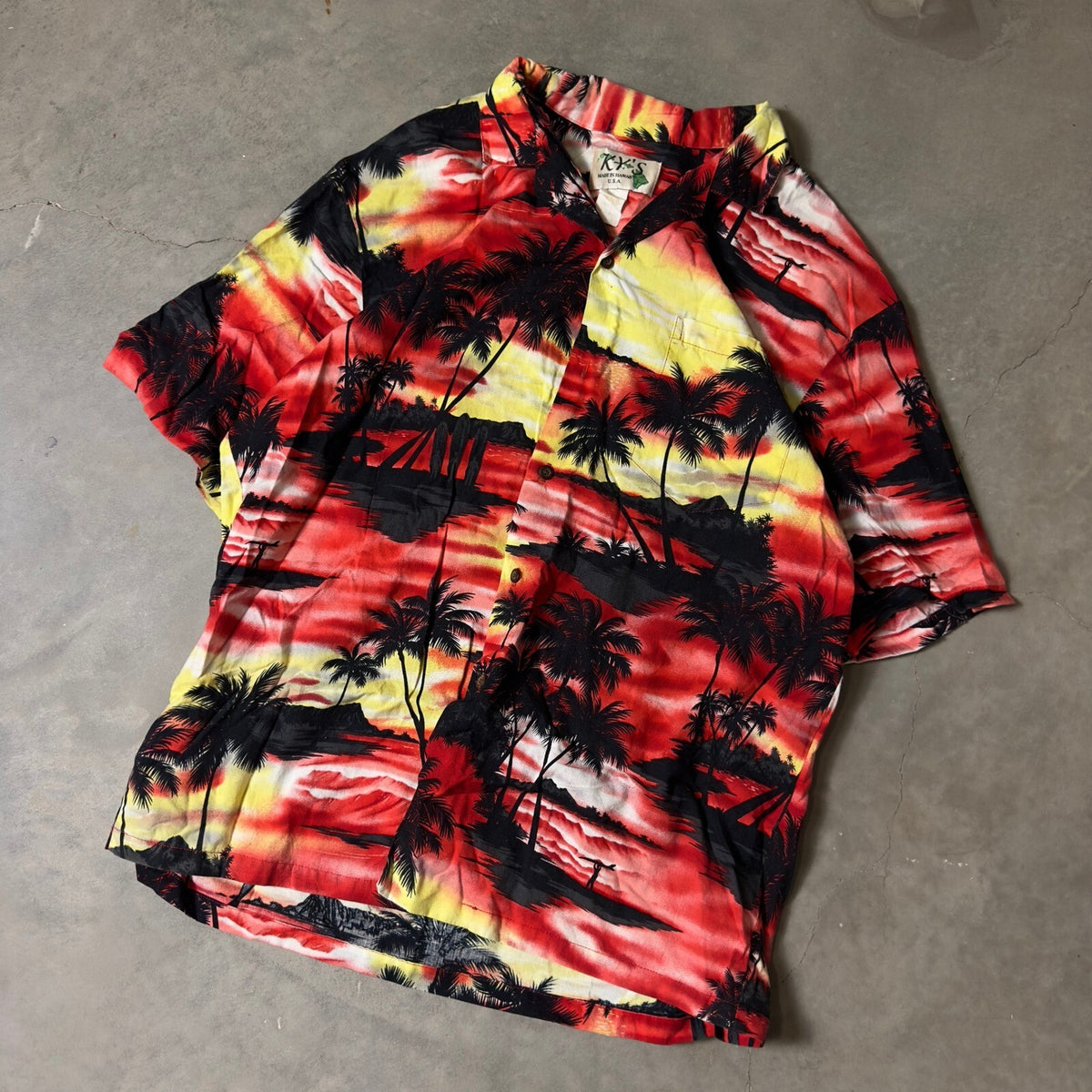 Vintage KY'S Hawaiian Shirt Mens XL Red Sunset Palm Tree