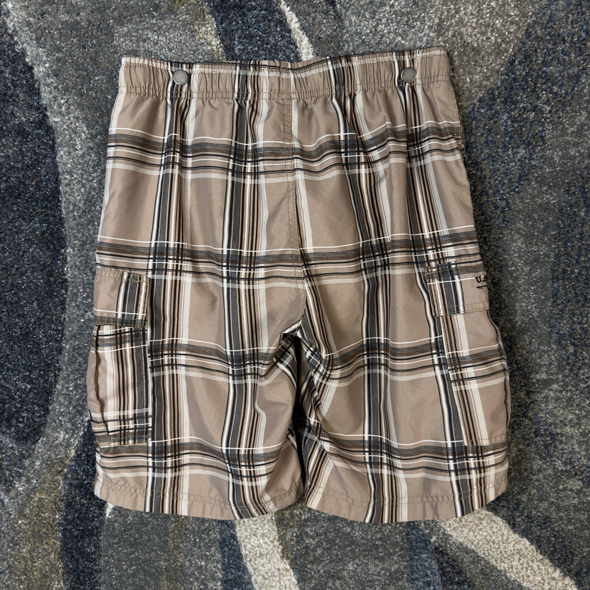 US Polo Assn Plaid Swim Trunks Mens L Tan Navy Board Shorts