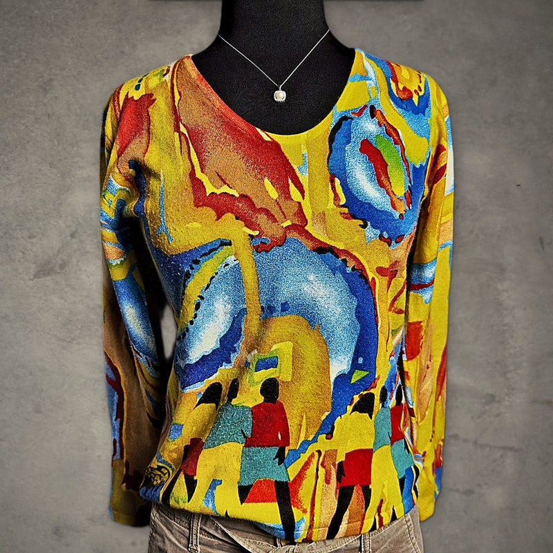 Vintage UbU Abstract Art Print Sweater Womens M Yellow Blue
