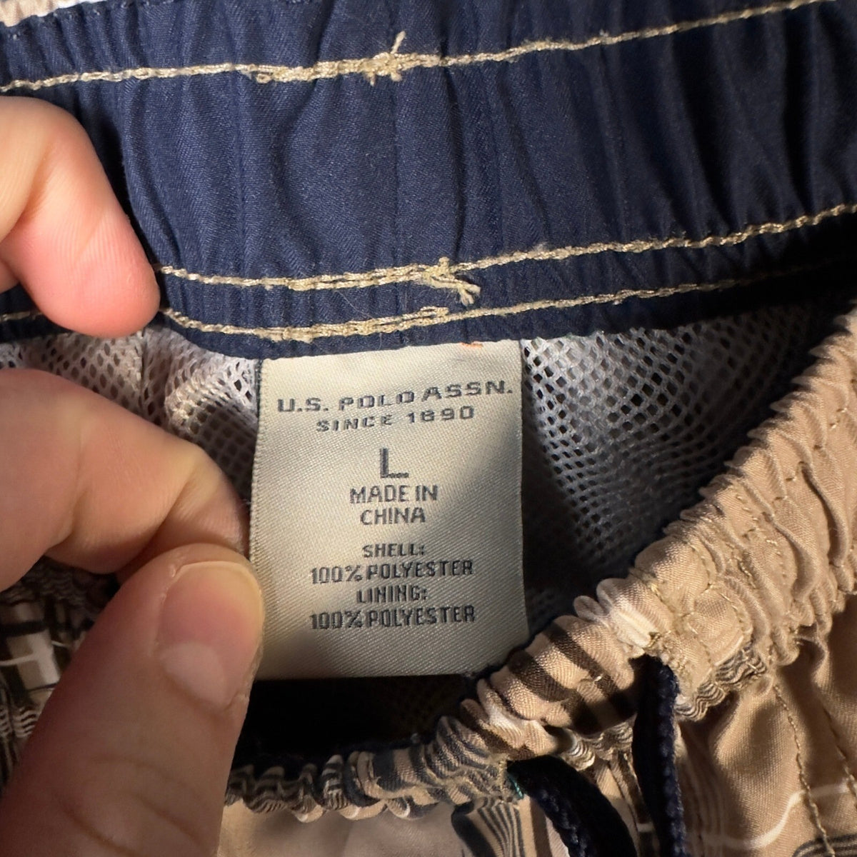 US Polo Assn Plaid Swim Trunks Mens L Tan Navy Board Shorts