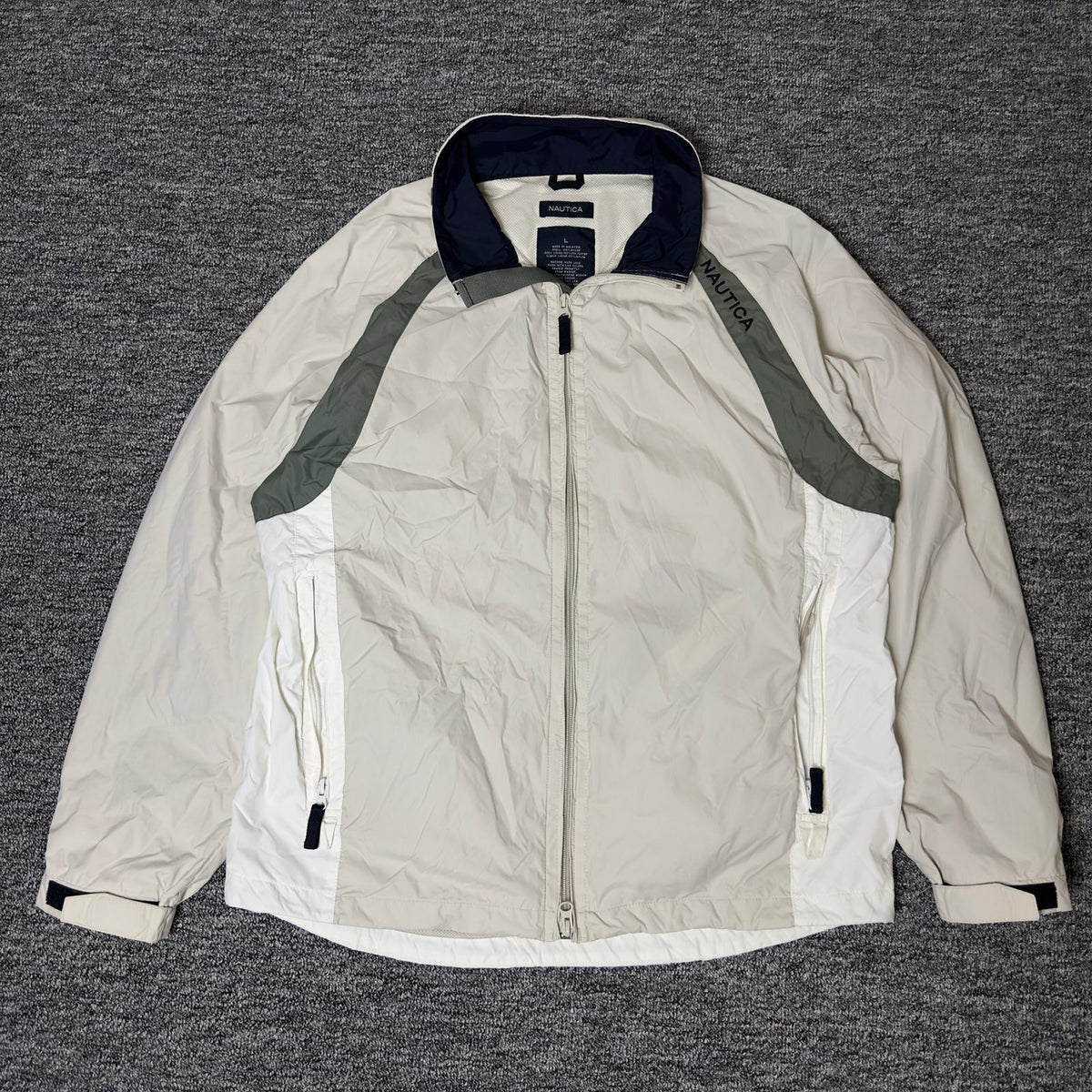 Nautica Windbreaker Jacket Mens L Cream Olive Color Block