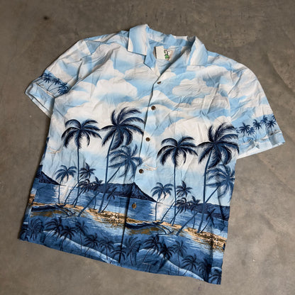 Vintage KY's Hawaiian Shirt Mens L Blue Palm Tree Cotton
