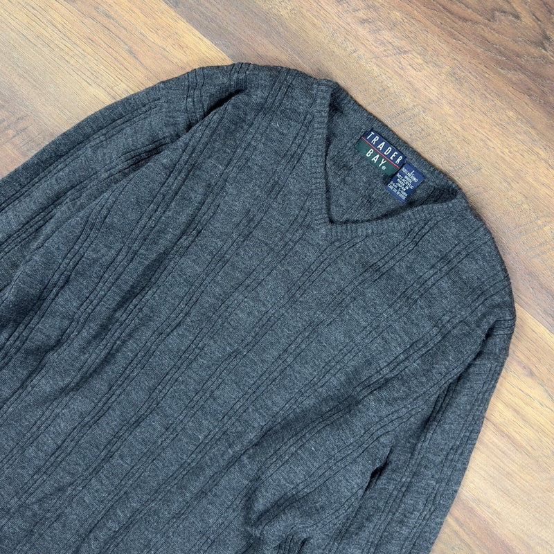Trader Bay Merino Wool V-Neck Sweater Mens L Charcoal Gray