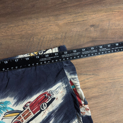 Nautica Swim Trunks Mens L Navy Blue Woody Car Surf Print